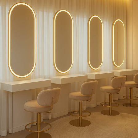 Salon interior with oval mirrors and stools under warm lighting
